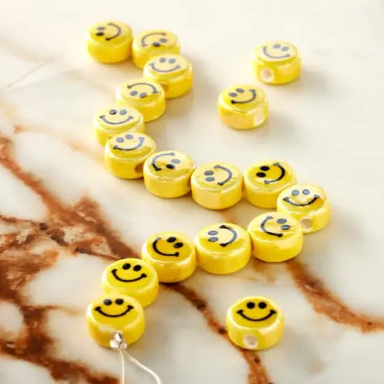 Yellow Ceramic Smiley Face Beads, 10mm by Bead Landing&trade; {3}