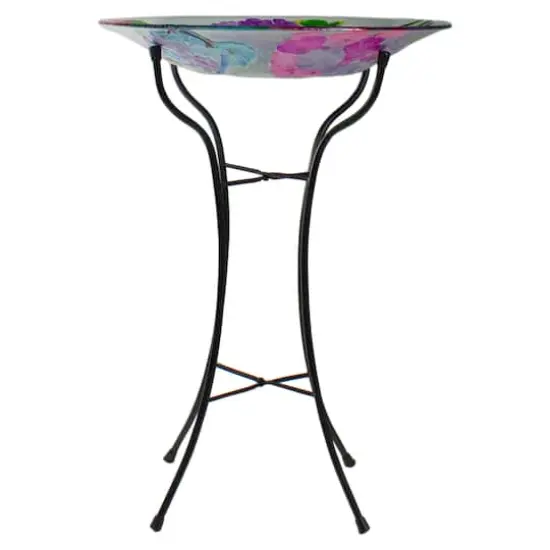 18'' Pink and Purple Dragonflies Hand Painted Glass Birdbath {3}