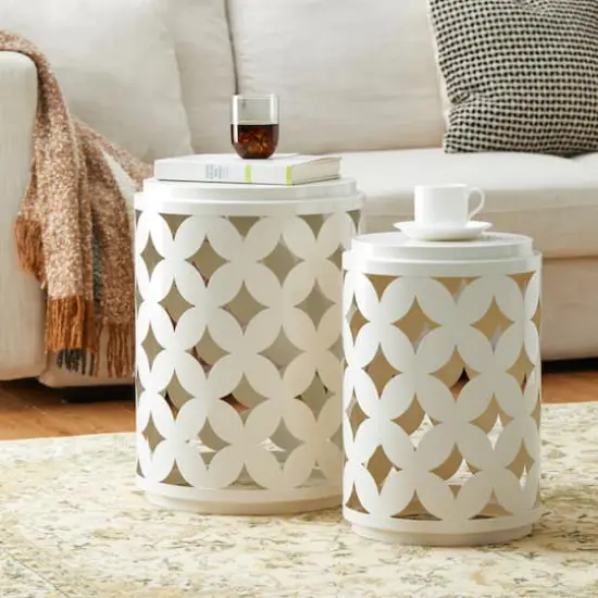 Glitzhome&reg; Modern Heavy Duty Metal Frame Side Table Set Cream White {3}