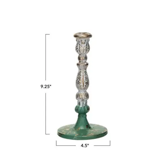 Hello Honey&reg; 9.25" Green, Gold and Cream Distressed Cast Metal Taper Candleholder {5}
