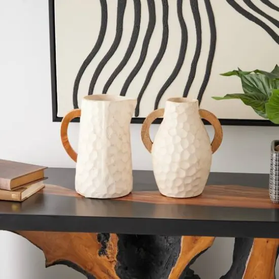 Beige Paper Mache Honeycomb Inspired Jug Vase with Wooden Handle Set {13}