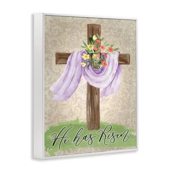 Stupell Industries He Has Risen Spring Floral Cross Brown Damask Pattern Framed Giclee Art White {4}