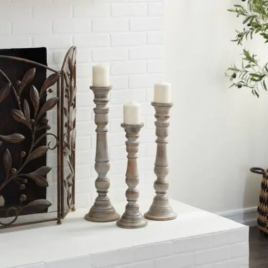 Light Brown Mango Wood Traditional Candle Holder Set, 3ct. {6}