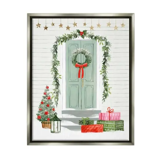 Stupell Industries Christmas Presents Wreath Doorstep Framed Floater Canvas Wall Art Gray {1}