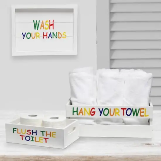 Elegant Designs Large White Wash Kids Towel Holder, Frame & Toilet Paper Holder Set {4}