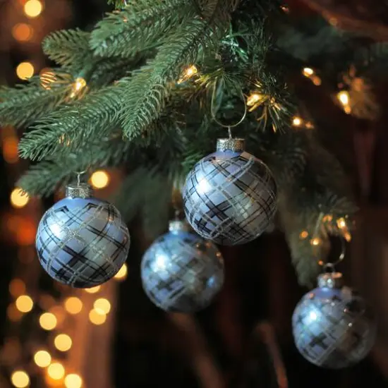 4ct. 2.75" Blue & Silver Plaid Glitter Glass Christmas Ornament Ball Set {3}