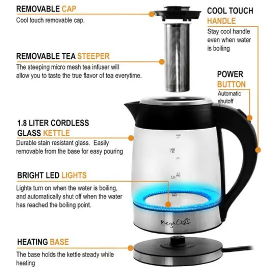 MegaChef 1.8L Cordless Glass & Stainless Steel Electric Tea Kettle with Tea Infuser {6}
