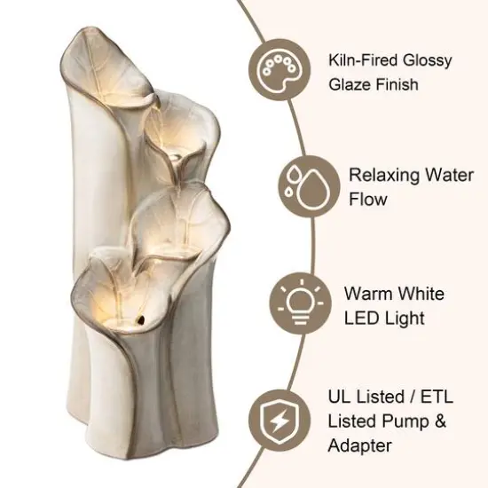 Glitzhome&reg; 31.25" 4-Tier LED Lotus Leaf Textured Ceramic Vase Outdoor Floor Fountain Sand Beige {8}