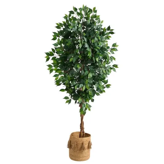 6ft. Ficus Artificial Tree with Natural Trunk in Handmade Natural Jute Planter with Tassels {1}