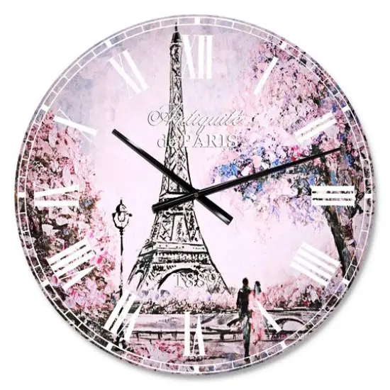 Designart 'Eiffel With Pink Flowers French Country Wall Clock {1}
