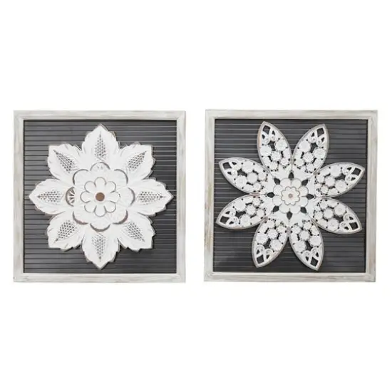 Set of 2 White Wood Traditional Floral Wall Decor, 18" x 18" {3}