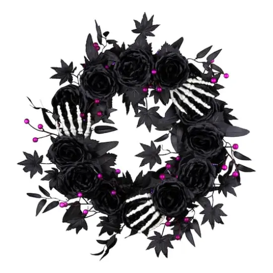 24" Bad to the Bone Black Flower & Skeleton Hand Halloween Pre-Lit LED Wreath {6}