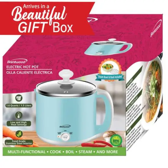 Brentwood Blue 1.6qt. 600 Watt Stainless Steel Electric Hot Pot Cooker & Food Steamer {10}