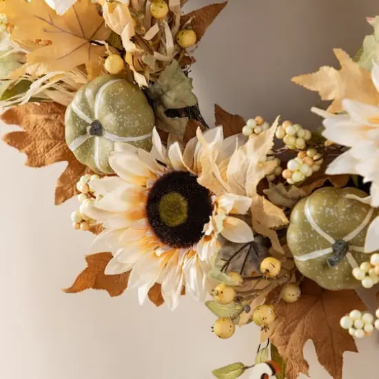 Glitzhome&reg; 24" Fall Neutral Sunflower, Pumpkin and Leaf Wreath {6}