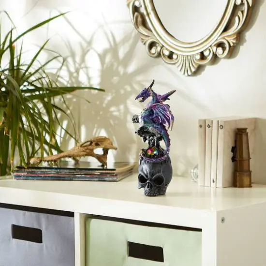 10" Mystical Dragon Atop A Black Skull Figurine {5}