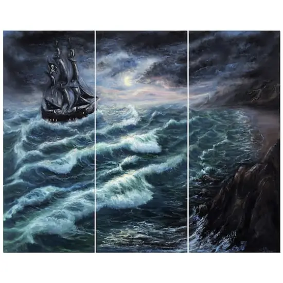 Designart - Pirate Ship Under Stormy Cloud - Sea & Shore Painting Print on Wrapped Canvas set {1}