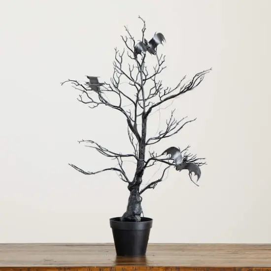 2ft. Pre-Lit Artificial Halloween Black Spooky Twig Tree with Bats and 40 Orange & Purple LED Lights {8}