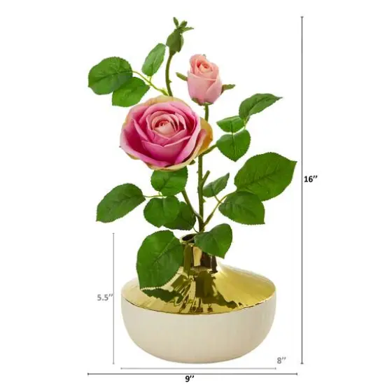 16" Rose Artificial Arrangement in Gold and Cream Elegant Vase {3}