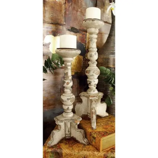 White Wood Vintage Candle Holder Set {9}