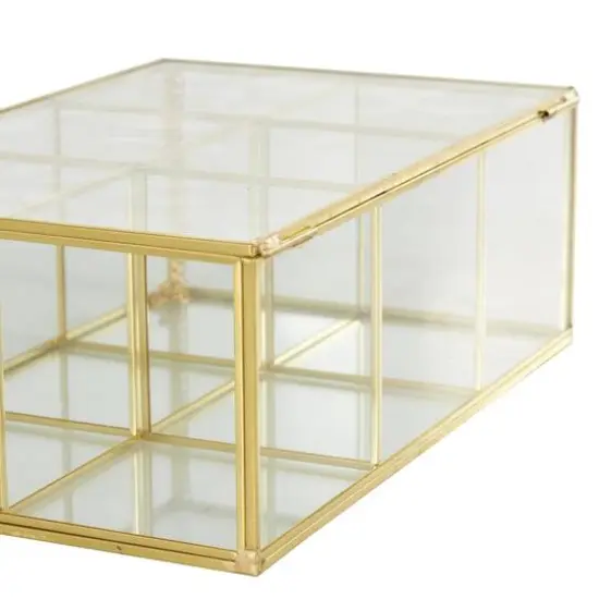 10" x 7" x 4" Clear & Gold 6-Slot Glass & Metal Jewelry Box with Chain Accent {8}