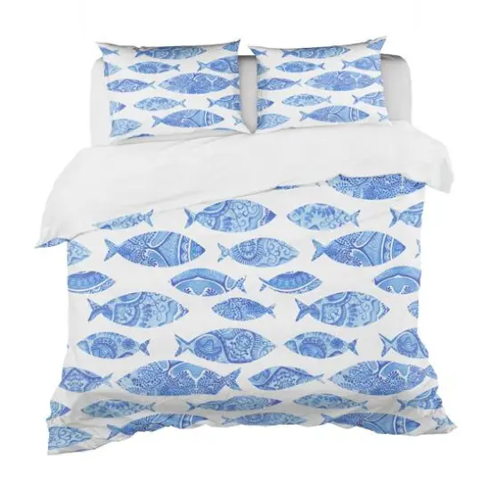 Designart Pattern with Fishes Nautical & Coastal Duvet Cover Set {1}
