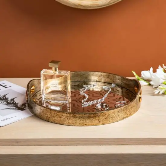 Glitzhome&reg; Gold Round Abstract Mirrored Trays Set {7}