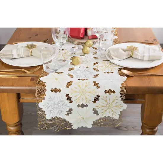 DII® 54" White and Gold Embroidered Snowflakes Table Runner {7}