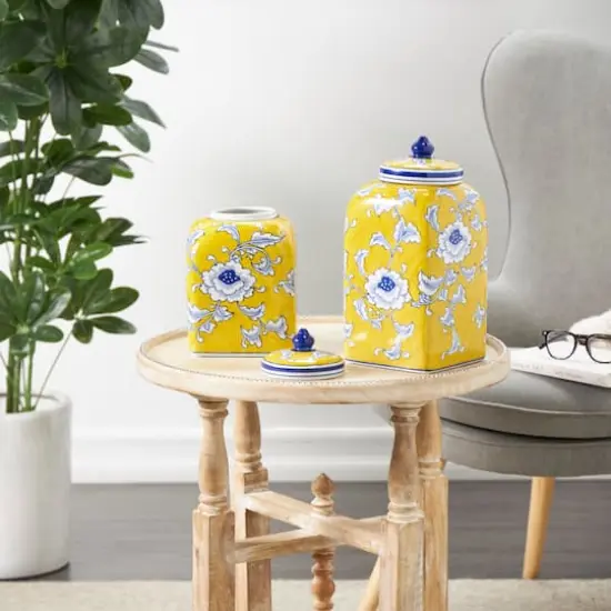 Yellow & Blue Ceramic Floral Decorative Jar Set {3}