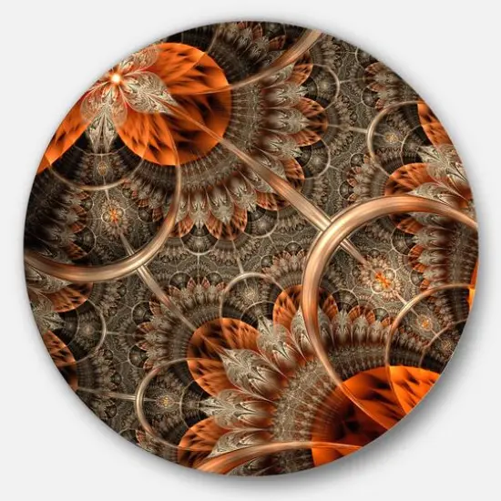 Designart - Orange Brown Digital Art Fractal Flower' Floral Metal Circle Wall Art {2}