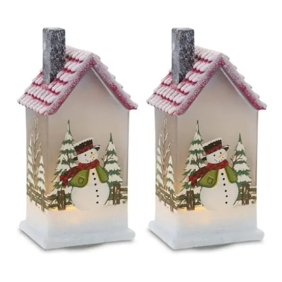 9" Frosted Glass Home with Snowman LED Tabletop Town D&eacute;cor Set {1}