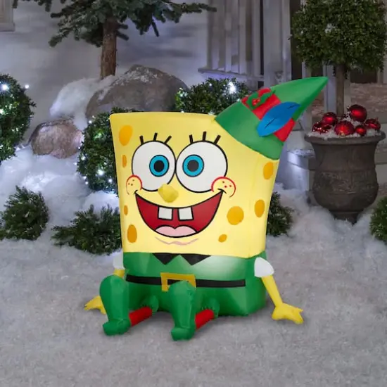 Airblown&reg; 3ft Christmas Inflatable SpongeBob in Elf Outfit {3}