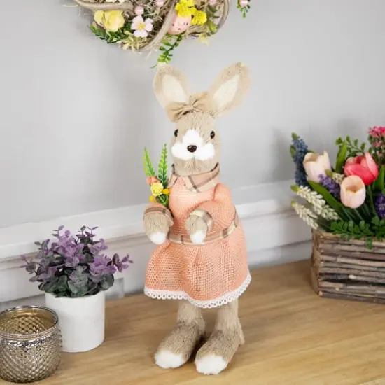 15.25" Beige Rustic Girl Rabbit Easter Figure with Flowers {3}