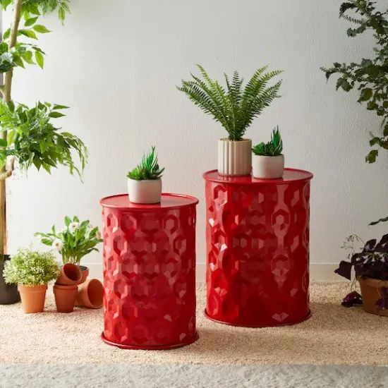 Glitzhome&reg; Multifunctional Embossed Honeycomb Texture Metal Garden Stool Set Red {5}
