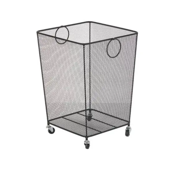 24" Black Metal Square Mesh Wire Rolling Laundry Storage Cart with Ring Handles {7}