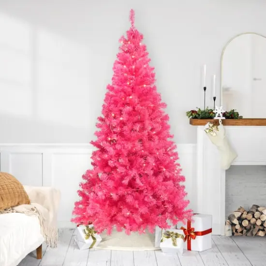 7ft. Pre-Lit Pink Artificial Tinsel Christmas Tree, Clear Lights {3}