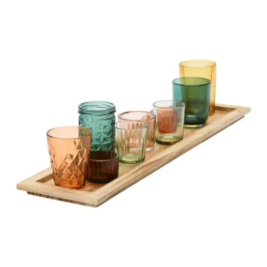 Hello Honey® Glass Votive Candle Holders & Wood Tray Set Green and Orange {7}
