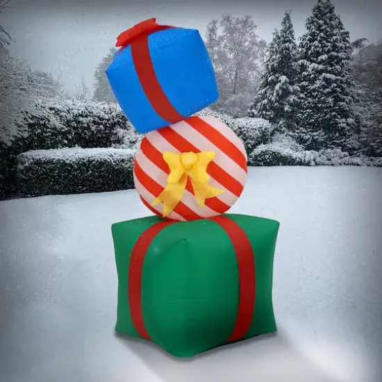 First Traditions&trade; 6ft. Green Inflatable Blow Up Giftbox Combination with 3 Warm White UL LED Lights {3}