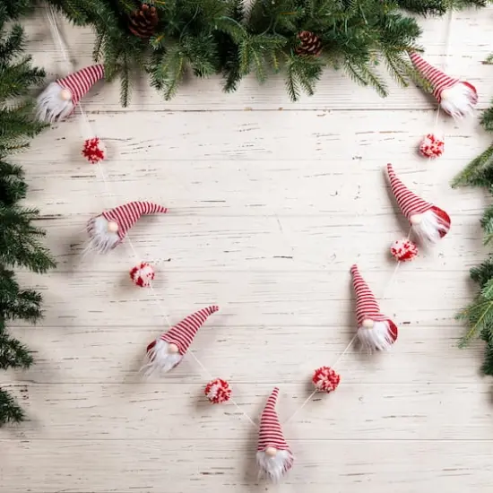 Glitzhome&reg; 6ft. Red & White Fabric Christmas Gnome Garland, 2ct. {3}