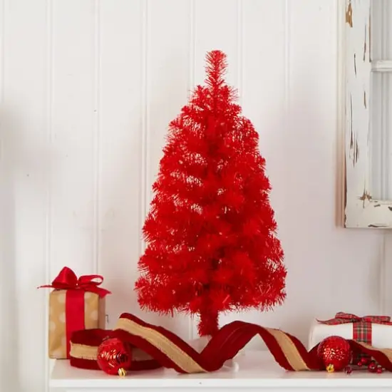2ft. Pre-Lit Red Artificial Christmas Tree, Warm White LED Lights {8}