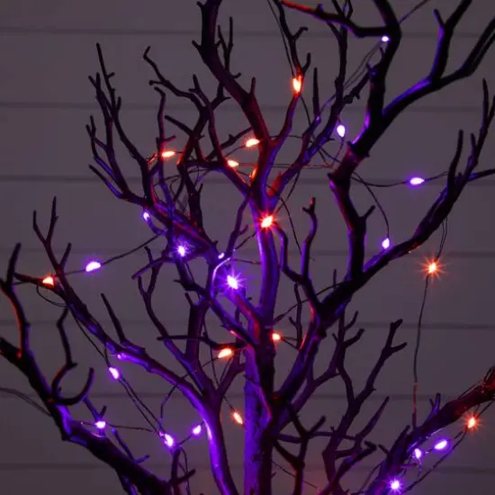 2ft. Pre-Lit Artificial Halloween Black Spooky Twig Tree with 60 Orange & Purple Copper Wire String LED Lights {5}