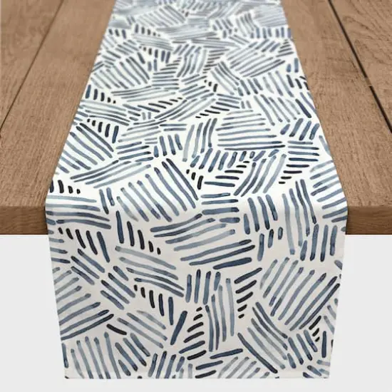 72" Watercolor Navy Blue Abstract Pattern Cotton Twill Table Runner {3}