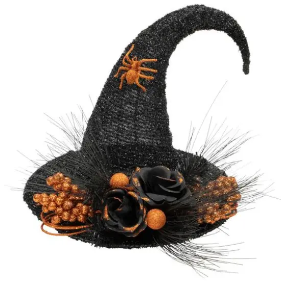16" Black Tinsel Witch's Hat with Orange Glittered Roses Halloween Decoration {1}