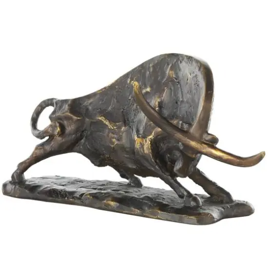 14.5" Black Polystone Bull Distressed Textured Decorative Sculpture with Gold Accents {1}