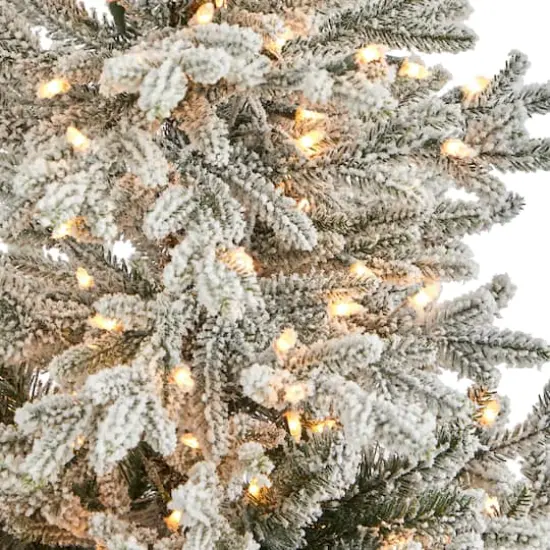 4.75ft. Pre-Lit Flocked Fraser Fir Artificial Christmas Tree in Tower Planter, Warm White Lights {3}