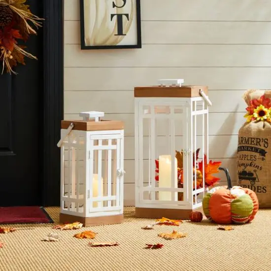 Glitzhome&reg; White Modern Square Metal & Wood Lanterns Set {8}