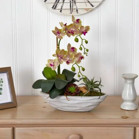 Phalaenopsis Orchid and Succulent Artificial Arrangement in White Vase {4}