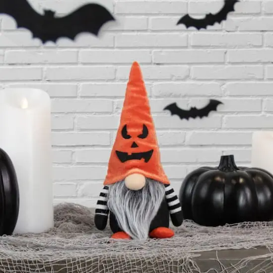 9.25" Halloween Jack-O-Lantern Striped Tabletop Gnome Figurine {1}