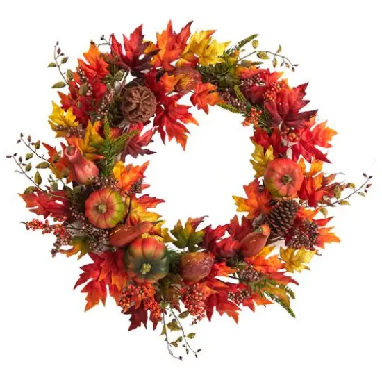 32" Maple Leaf, Pumpkin & Berries Artificial Fall Wreath {1}