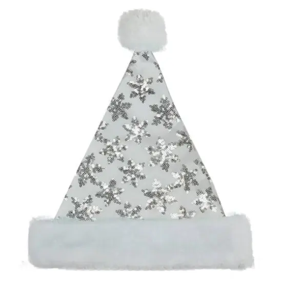 14" Adult Medium Sequin Snowflake Santa Hat, White {3}