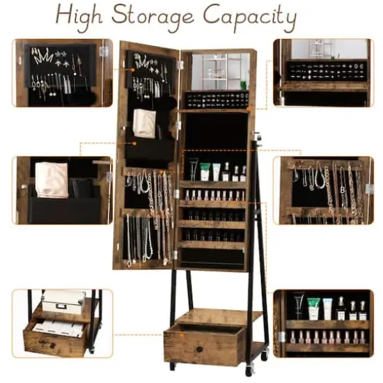 NEX™ 5ft. Burnt Wood Brown Jewelry Armoire on Casters with Chest Drawer {4}